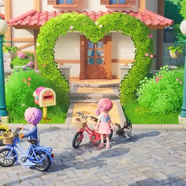 Drei Spielende vor einem Haus in „Heartopia“.