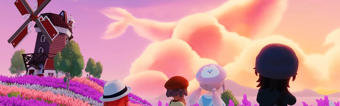 Mehrere Spielende betrachten einen Sonnenuntergang in „Heartopia“.