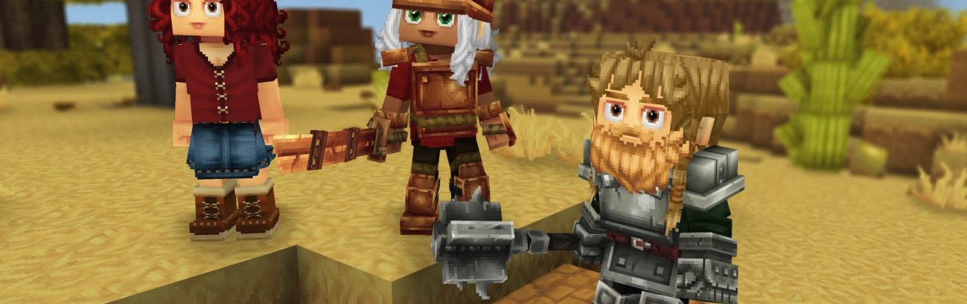 Drei Spielende streifen durch die Welt von „Hytale“.