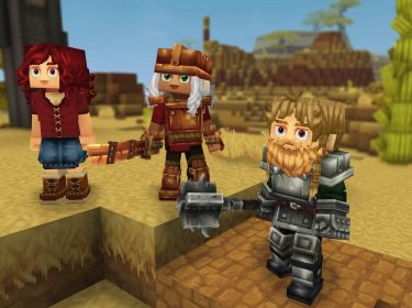 Drei Spielende streifen durch die Welt von „Hytale“.