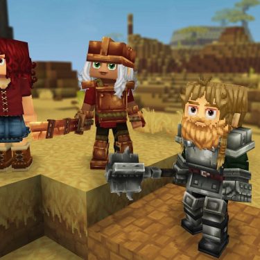 Drei Spielende streifen durch die Welt von „Hytale“.