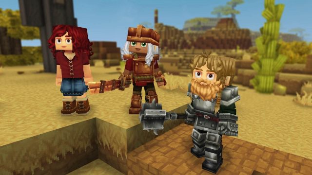 Drei Spielende streifen durch die Welt von „Hytale“.