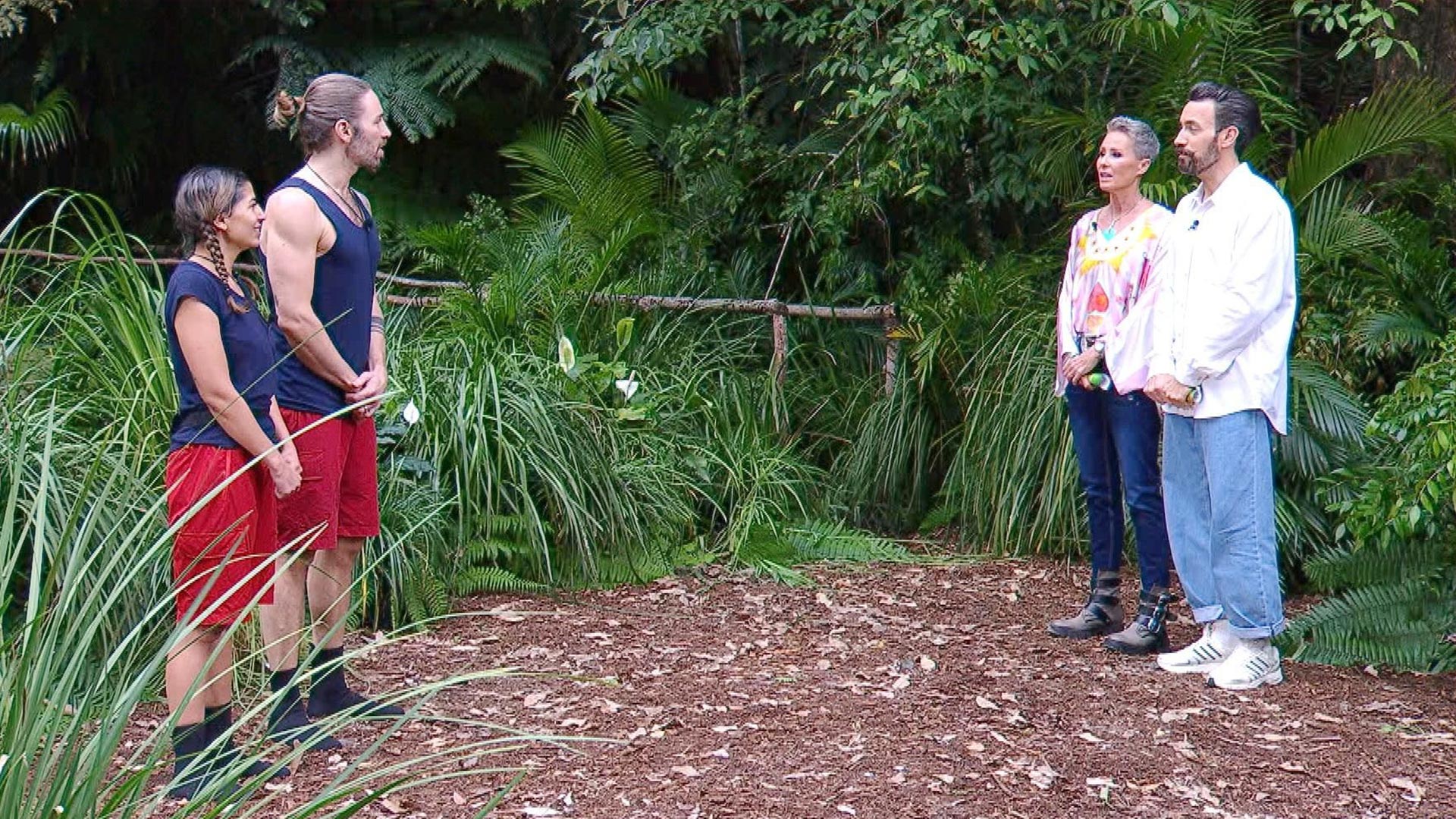 Auf dem Bild in dem Artikel zum Dschungelcamp 2026 sind die Moderator:innen und zwei Kandidat:innen bei der Prüfung zu sehen.