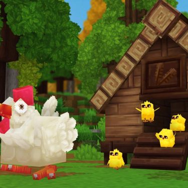 Ein Huhn in „Hytale“ vor einer Holzhütte.