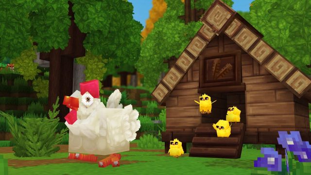 Ein Huhn in „Hytale“ vor einer Holzhütte.