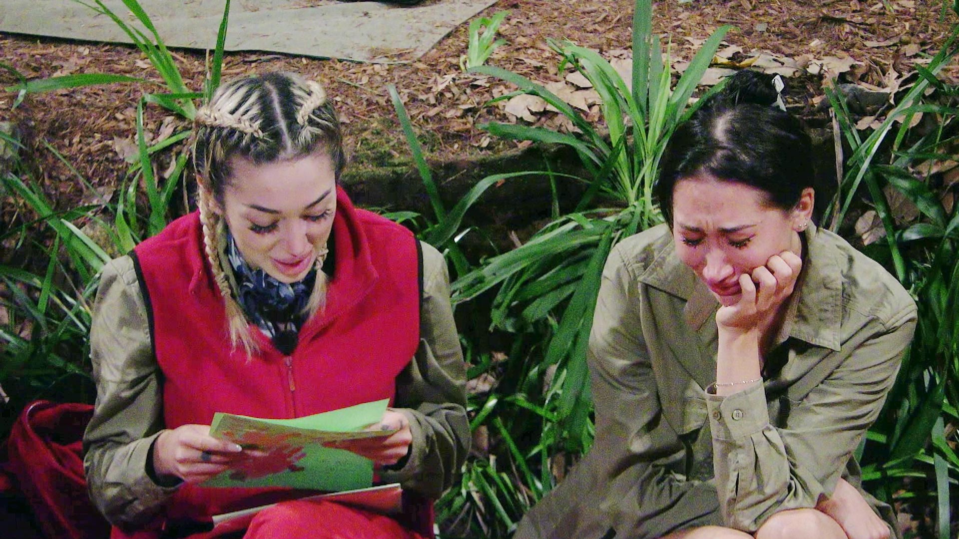 Auf dem Bild zum Dschungelcamp 2026 sind Ariel und Samira in einer emotionalen Szene zu sehen. Ariel sitzt links in roter Weste und liest konzentriert einen Brief, während Samira rechts daneben sichtlich gerührt wirkt und Tränen in den Augen hat. Umgeben von Dschungelpflanzen herrscht eine nachdenkliche, traurige Stimmung.