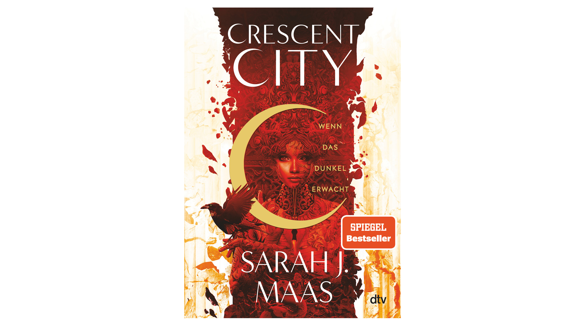 Auf dem Bild zu Band 1 der Crescent City-Reihenfolge ist das Buchcover von Crescent City – Wenn das Dunkel erwacht von Sarah J. Maas zu sehen. Dominant sind rote und goldene Farbtöne, ein großes goldenes C sowie das Gesicht einer Frau im Zentrum. Ein schwarzer Rabe und ornamentale Muster erzeugen eine düstere, mystische Fantasy-Stimmung.