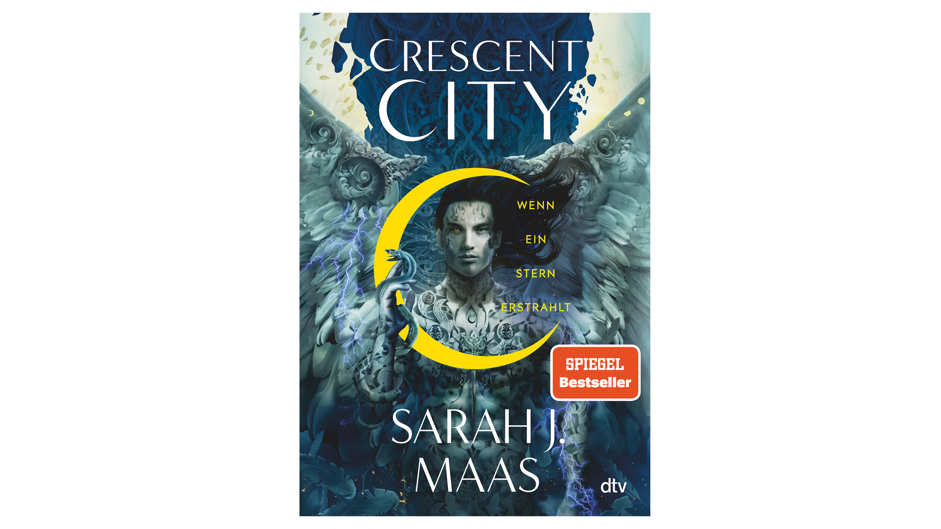 Auf dem Bild zu Band 2 der Crescent City-Reihenfolge ist das Buchcover von Crescent City – Wenn ein Stern erstrahlt von Sarah J. Maas zu sehen. Im Zentrum steht eine männliche, engelhafte Figur mit großen Flügeln, Tattoos und intensiver Ausstrahlung. Blaue und goldene Farbtöne, Blitze und Ornamente erzeugen eine epische, magische Fantasy-Stimmung.