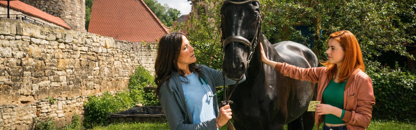 Dr. med. Vet. Maja Freydank (Bettina Zimmermann) und Dr. med. Vet. Julia Kramer (Meriel Hinsching) kümmern sich um das verletzte Pferd.