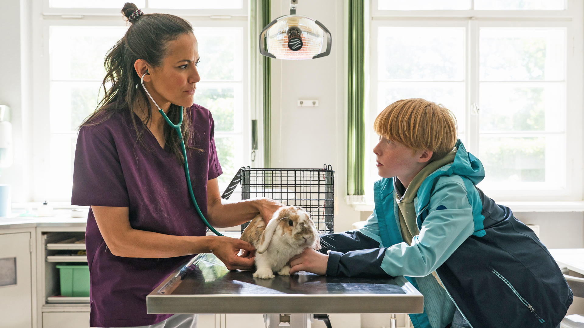 Felix ist mit seinem Kaninchen bei Tierärztin Maja Freydank. Das Tier liegt auf dem Untersuchungstisch, dahinter sein Tragekorb.