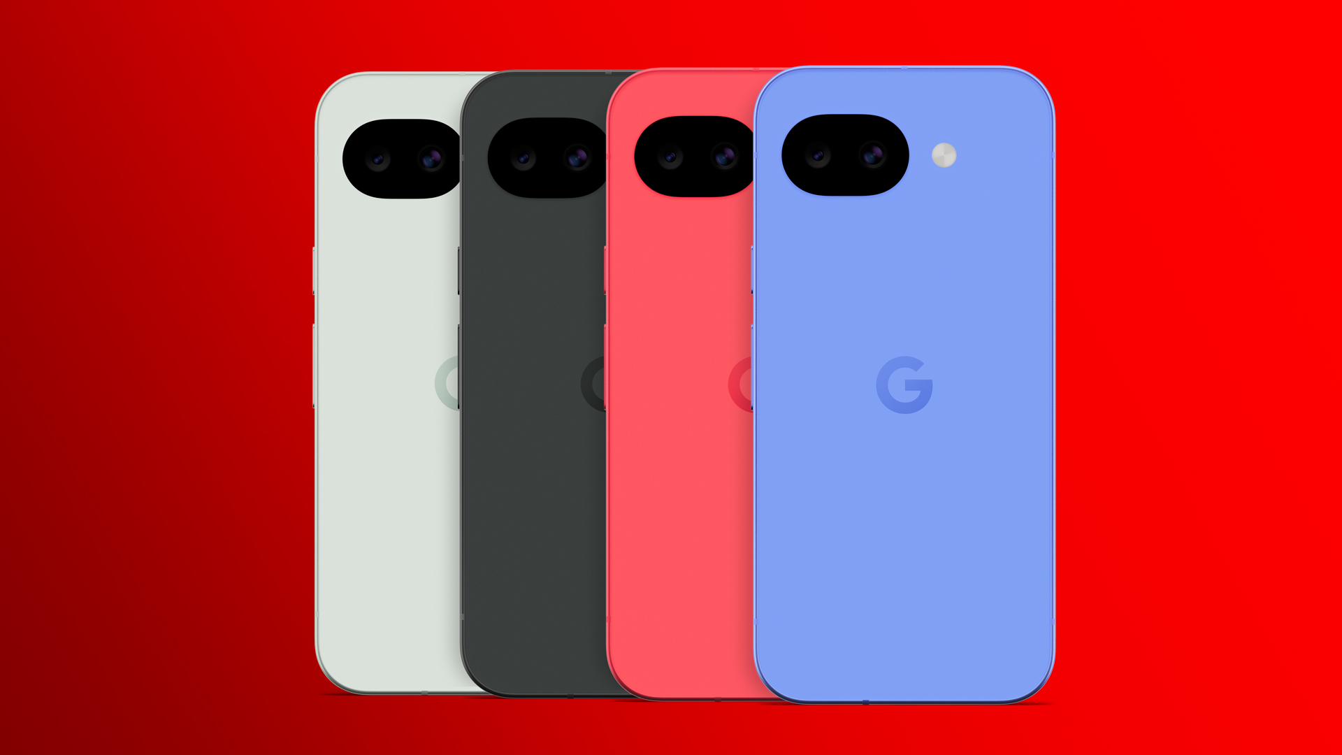 Das Bild zeigt die vier Farbvarianten des neuen Google Pixel 10a. Von links nach rechts sind die folgenden Farben zu sehen: Fog, Obsidian, Berry und Lavender. Die vier Smartphones sind nebeneinander aufgereiht und vor rotem Hintergrund platziert.