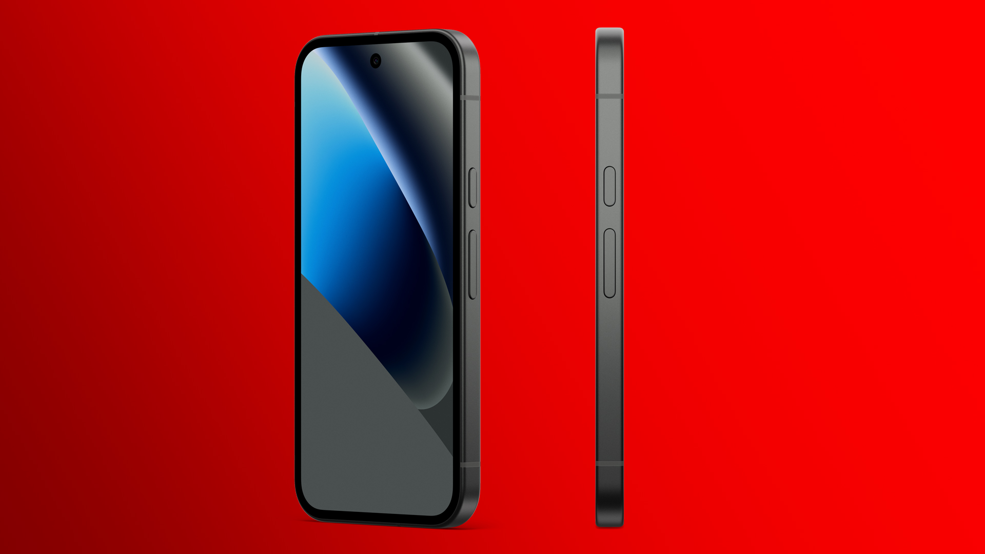 Auf dem Bild ist das Google Pixel 10a von der Seite und leicht angewinkelt in der Farbe Obsidian zu sehen. Das Smartphone ist vor rotem Hintergrund abgebildet.