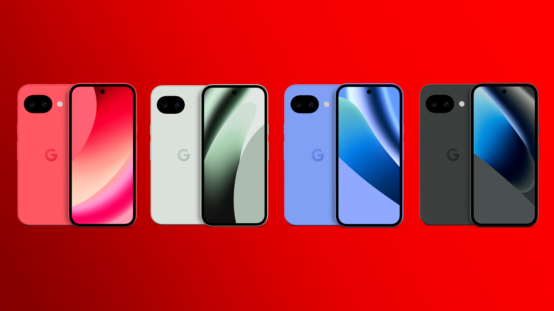 Auf dem Bild sind jeweils vier verschiedene Farbvarianten des Google Pixel 10a zu sehen. Die Smartphones sind jeweils von vorne und hinten vor rotem Hintergrund abgebildet. Die Farben Berry, Fog und Lavender und Obsidian.