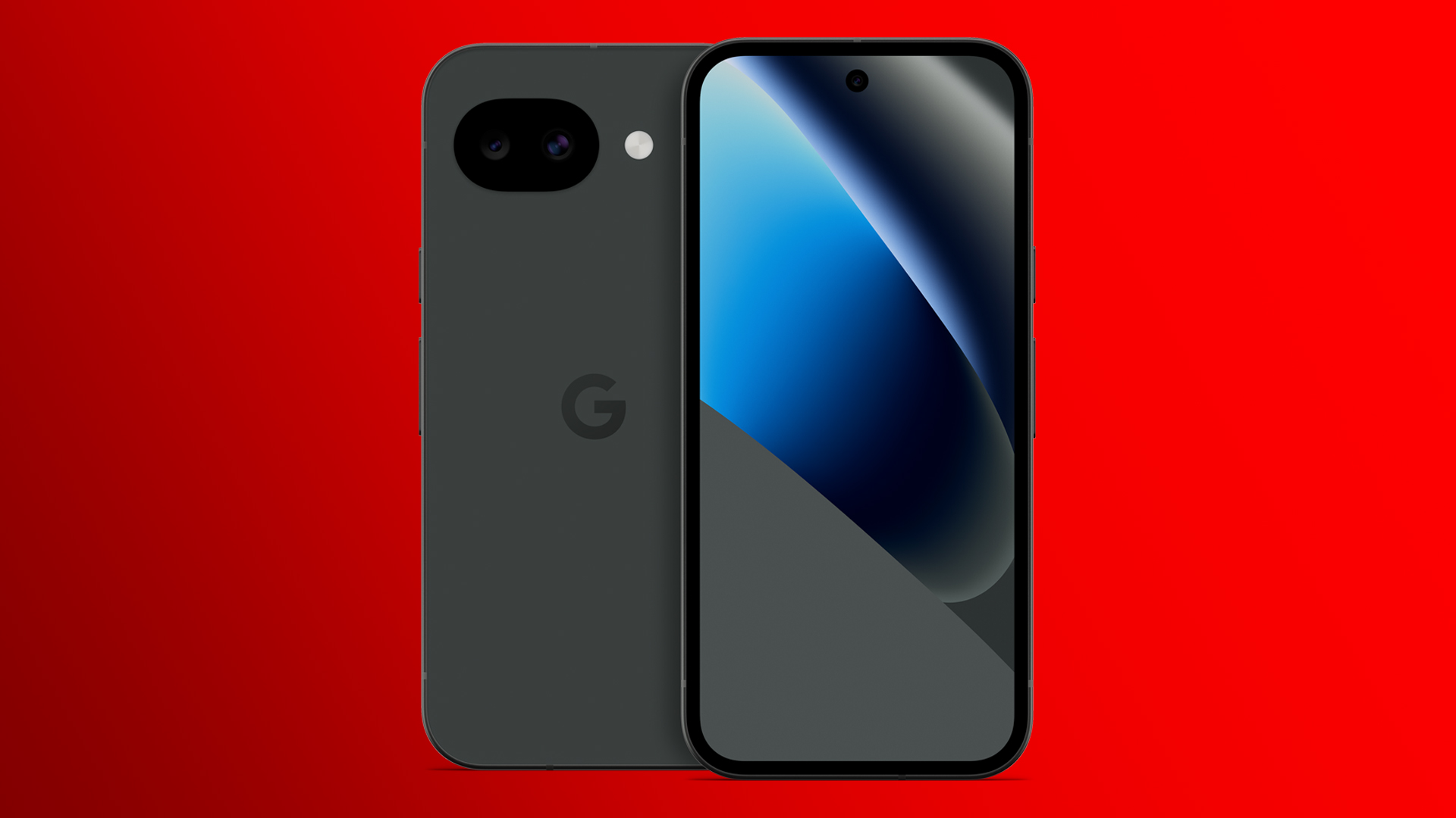 Das Bild zeigt das Smartphone Google Pixel 10a von vorn und hinten. Das Handy ist in der Farbe Obsidian vor rotem Hintergrund zu sehen.