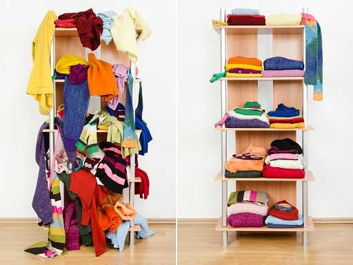 An unorganized closet next to an organized one which spark a joy