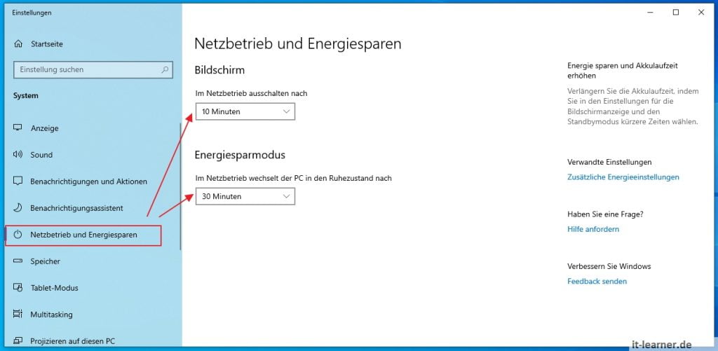 Ändern der Bildschirmzeit - Ruhezustand | IT-Learner.de