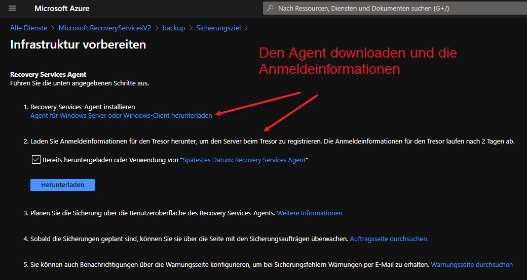 Wie kann man eine Windows Azure-Sicherung einrichten 17 Im Microsoft Azure Portal Den Agent Für Recovery Service Downloaden Sowie Die Anmeldeinformationen