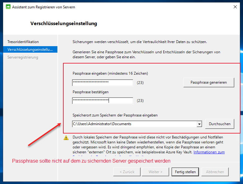 Wie kann man eine Windows Azure-Sicherung einrichten 20 Installation Des Microsoft Azure Recovery Services Agent Passphrase Festlegen Und Speichern