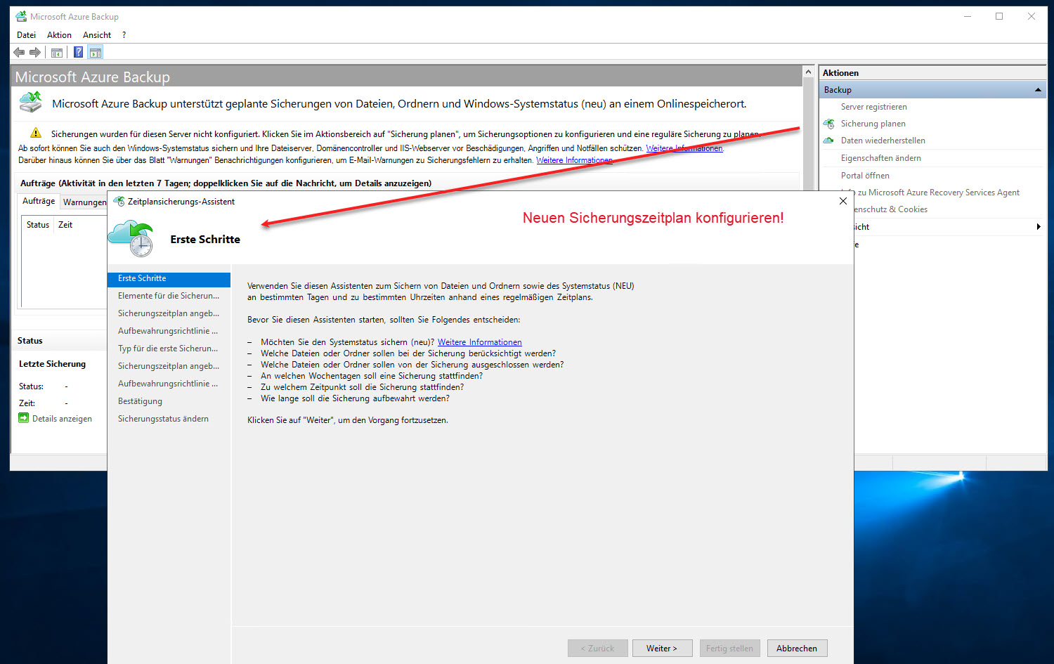 Wie kann man eine Windows Azure-Sicherung einrichten 21 Installation Des Microsoft Azure Recovery Services Agent Sicherungszeitplan Einrichten
