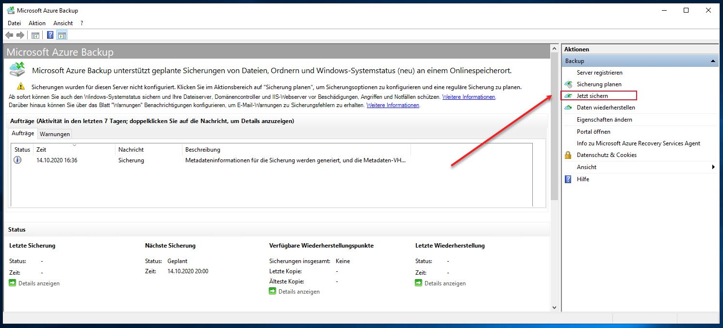 Wie kann man eine Windows Azure-Sicherung einrichten 22 Installation Des Microsoft Azure Recovery Services Agent Sofortige Sicherung Durchführen