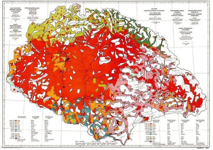 Známa „červená mapa“ grófa Telekiho, predstavená na trianonskom rokovaní. Mapa znázorňuje národnostné zloženie Uhorska z roku 1910. Bola to prvá mapa na svete, kde sa pri národnostnom rozložení obyvateľstva berie ohľad aj na hustotu obyvateľstva.
