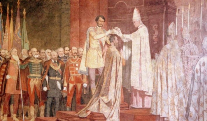 Bertalan Székely: A király koronázása (Korunovanie kráľa; cca. 1867). Na nástennej maľbe gróf Gyula Andrássy vkladá svätoštefanskú korunu na hlavu cisára Františka Jozefa.