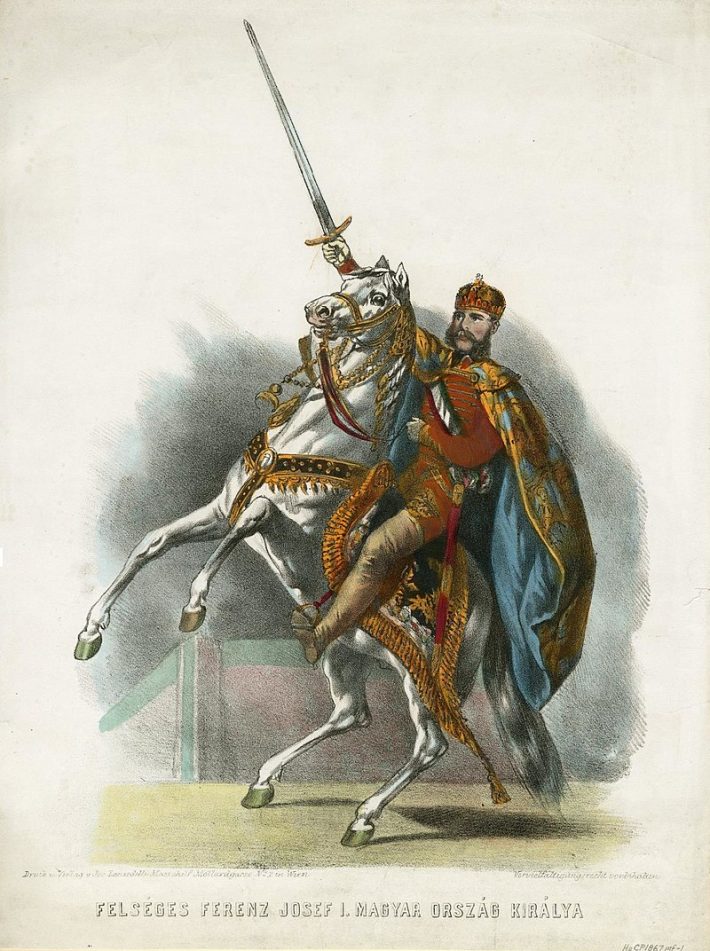František Jozef ako uhorský kráľ. Farebná litografia od Josefa Lanzedelliho (cca. 1867).