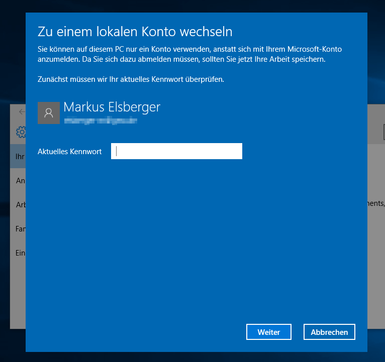 MS Online Konto in lokales umwandeln