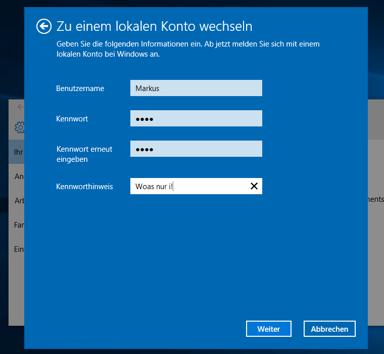 MS Online Konto in lokales umwandeln