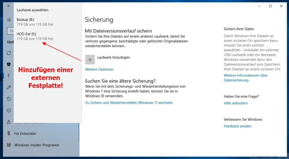 Windows 10 automatisches Backup ITLearner.de