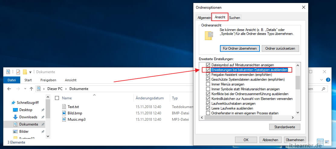 Anzeige der Dateinamenserweiterungen unter Windows Ordner und