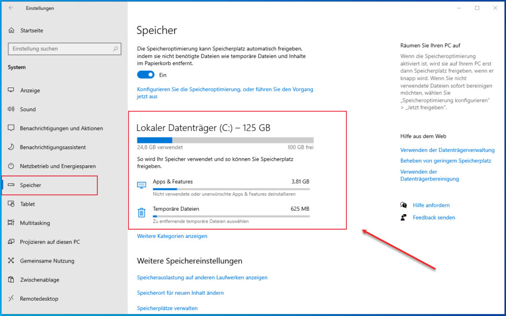 How to - Speicheroptimierung unter Windows aktivieren 13 Unter Windows 10 Mithilfe Der GUI Den Speicherplatzverbrauch Auflisten