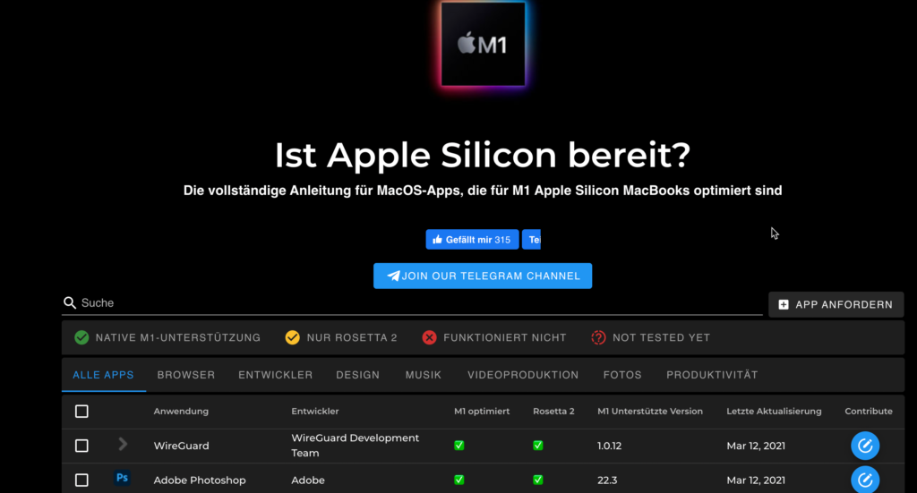 Welche Programme laufen nativ auf Apple Silicon? 13 Die Webseite Ismymacsilikonready
für Silikon Apple M1