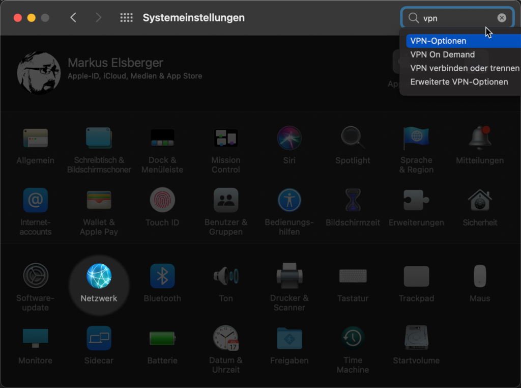 Öffnen Der Netzwerkeinstellungen Zum Einrichten Der VPN Verbindung