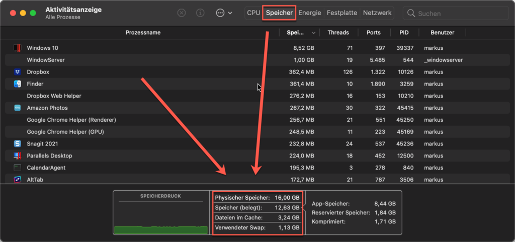 Die Mac Systemauslastung anzeigen – so geht es! 14 Unter MacOS Die Speicherauslastung Über Die Aktivitätsanzeige Anzeigen