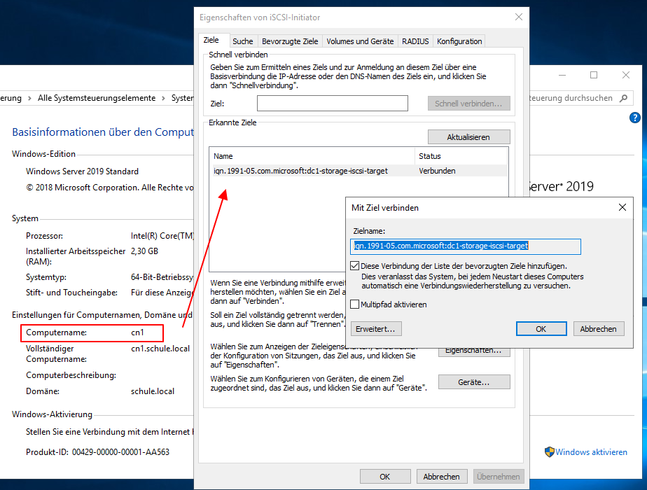 Wie erstellt man einen Windows Failover Cluster 24 Windows Failover Cluster
Dem Clusterknoten das iSCSI-Ziel hinzufügen