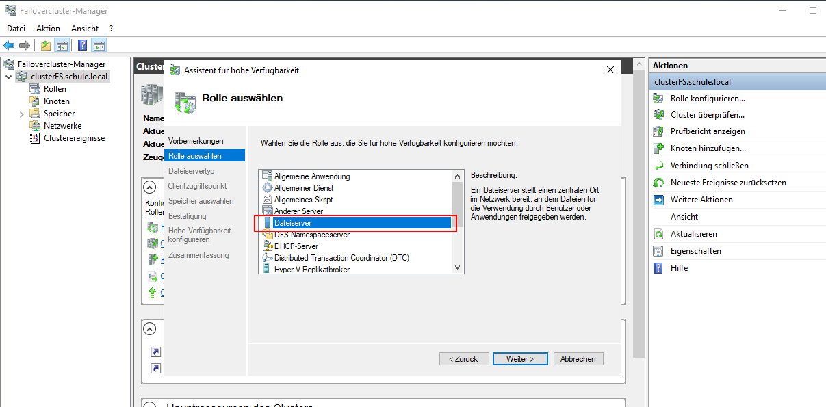 Wie erstellt man einen Windows Failover Cluster 29 Windows Failover Cluster
Die Rolle Dateiserver am Cluster einrichten