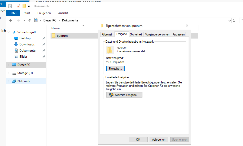 Wie erstellt man einen Windows Failover Cluster 34 Windows Failover Cluster
Quorum Dateifreigabe am Domänencontroller erstellen
