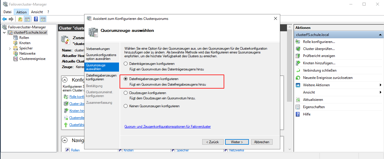 Wie erstellt man einen Windows Failover Cluster 37 Windows Failover Cluster
Im Failovercluster-Manager den Datifreigabezeugen einrichten