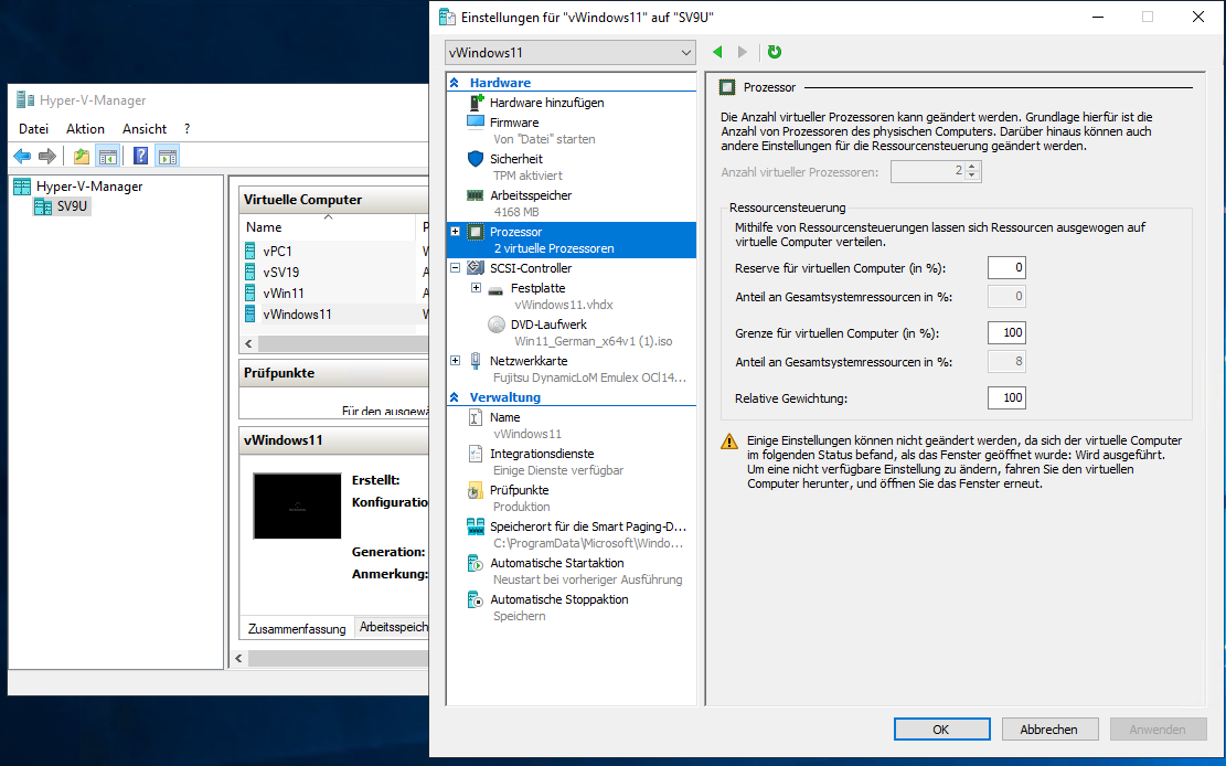 Wie kann man Windows 11 in Hyper-V installieren 18 Im Hyper-V Manager zwei Processoren zuweisen
