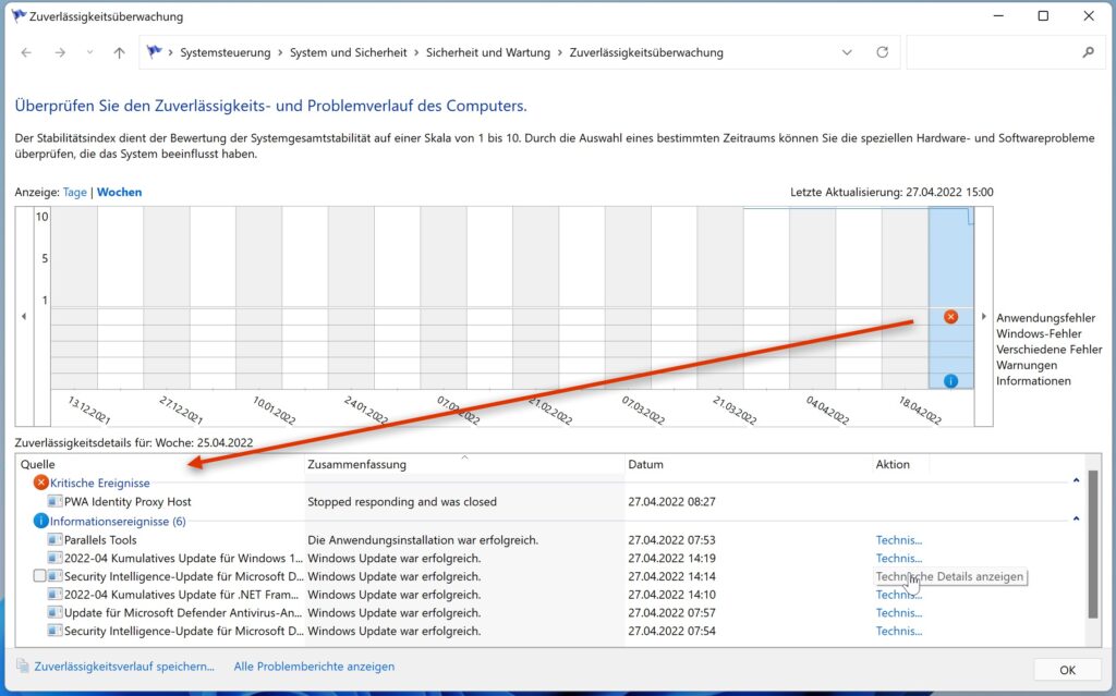 Windows 11 Zusverlässigkeitsüberwachung öffnen