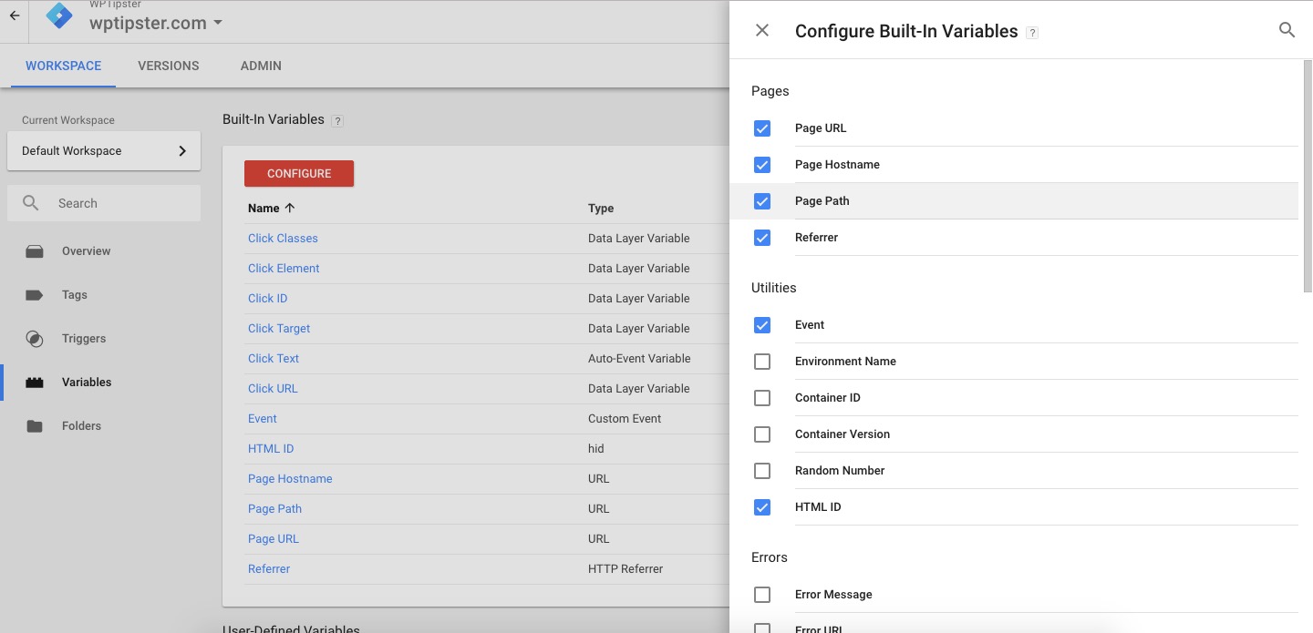 Configure variables in Google Tag Manager