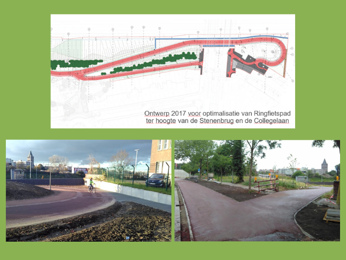 Het ringfietspad in Borgerhout ter hoogte van de Stenenbrug: november 2019 (links) en juni 2020 (rechts). Het ringfietspad in Borgerhout ter hoogte van de Stenenbrug: november 2019 (links) en juni 2020 (rechts).