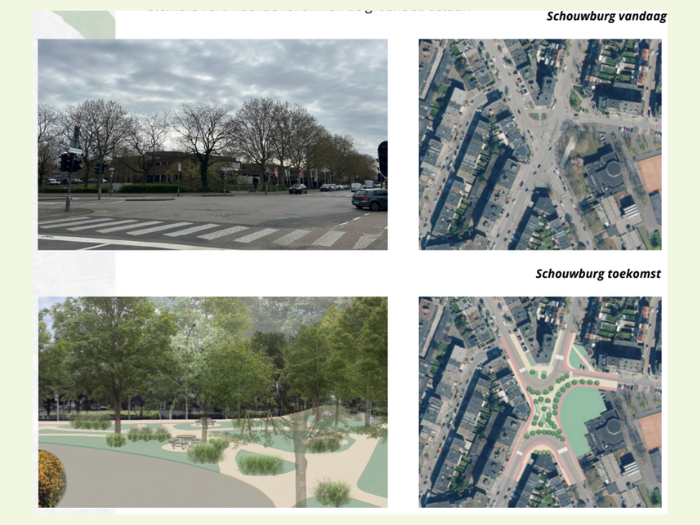 De omgeving van Schouwburg Noord, nu en volgens het Pleinenplan. 