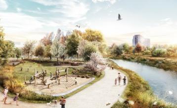Toekomstbeeld Ringpark Het Schijn, zicht van Deurne naar Borgerhout over de toekomstige kap.© Ontwerpteam Ringpark Het Schijn