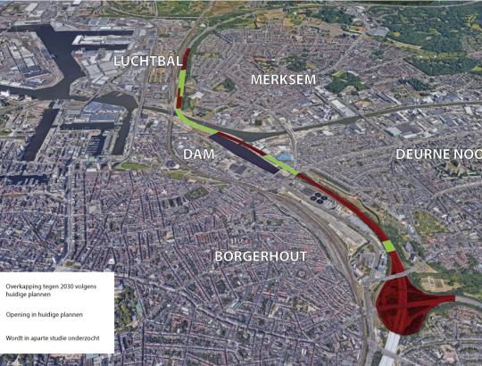 Schets 1. Overkapping van de R1-Noord volgens de huidige vergunning voor de Oosterweelverbinding. Schets 1. Overkapping van de R1-Noord volgens de huidige vergunning voor de Oosterweelverbinding.