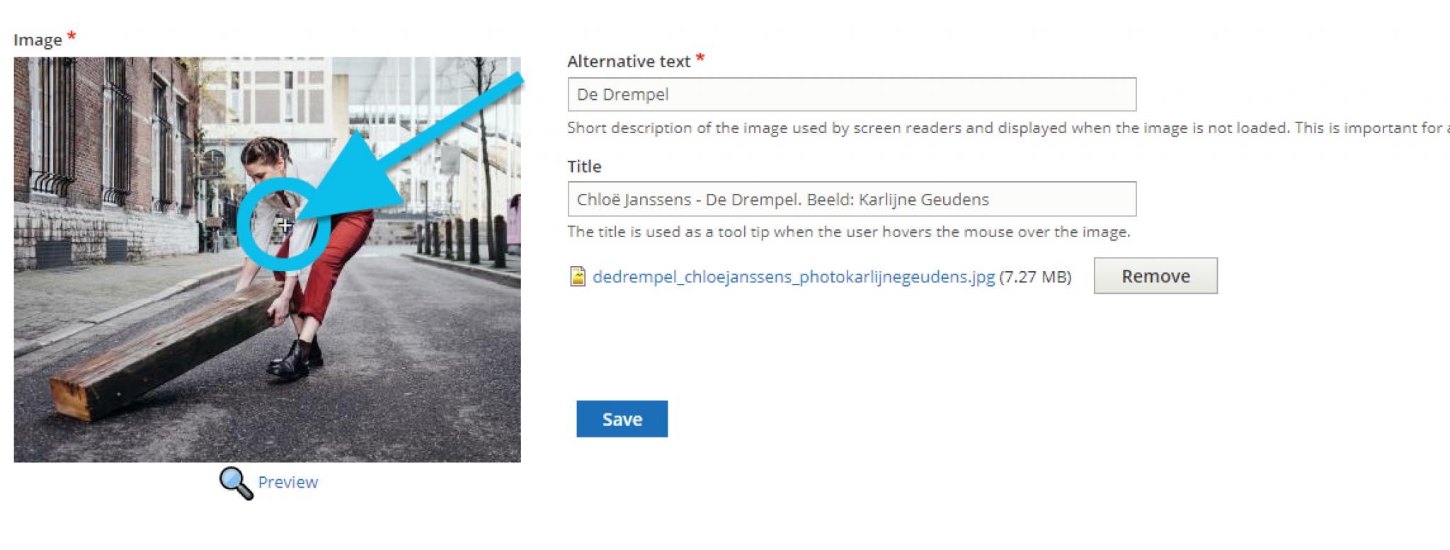 focal point, zodat het beeld van uit de essentie wordt gecropt.